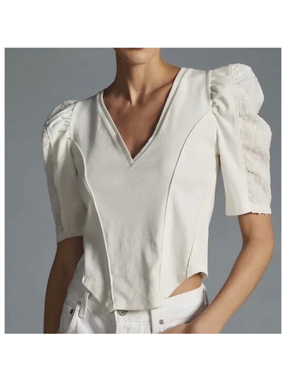 By Anthropologie White Puff Sleeve Structured V-Neck Women’s Blouse Size 3X